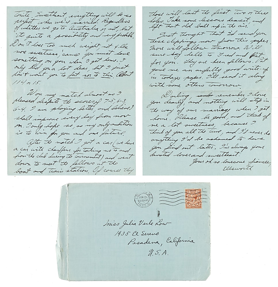 June 20, 1932 Ellsworth Vines Handwritten and Signed Letter to Girlfriend - Wimbledon Winning Year - Date of First Match!