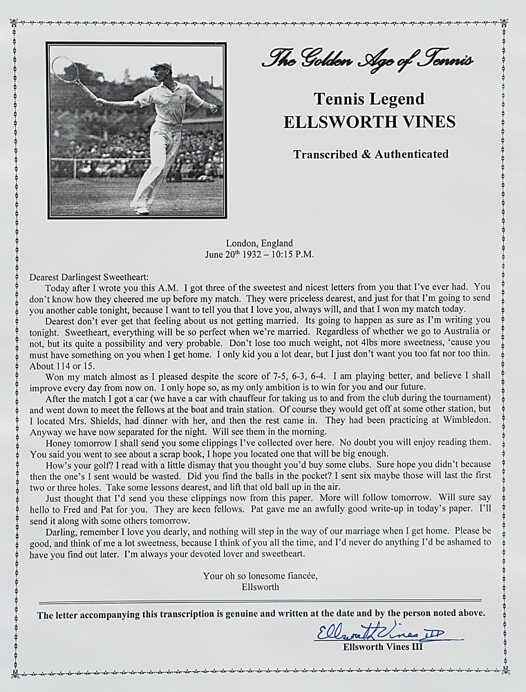 June 20, 1932 Ellsworth Vines Handwritten and Signed Letter to Girlfriend - Wimbledon Winning Year - Date of First Match!