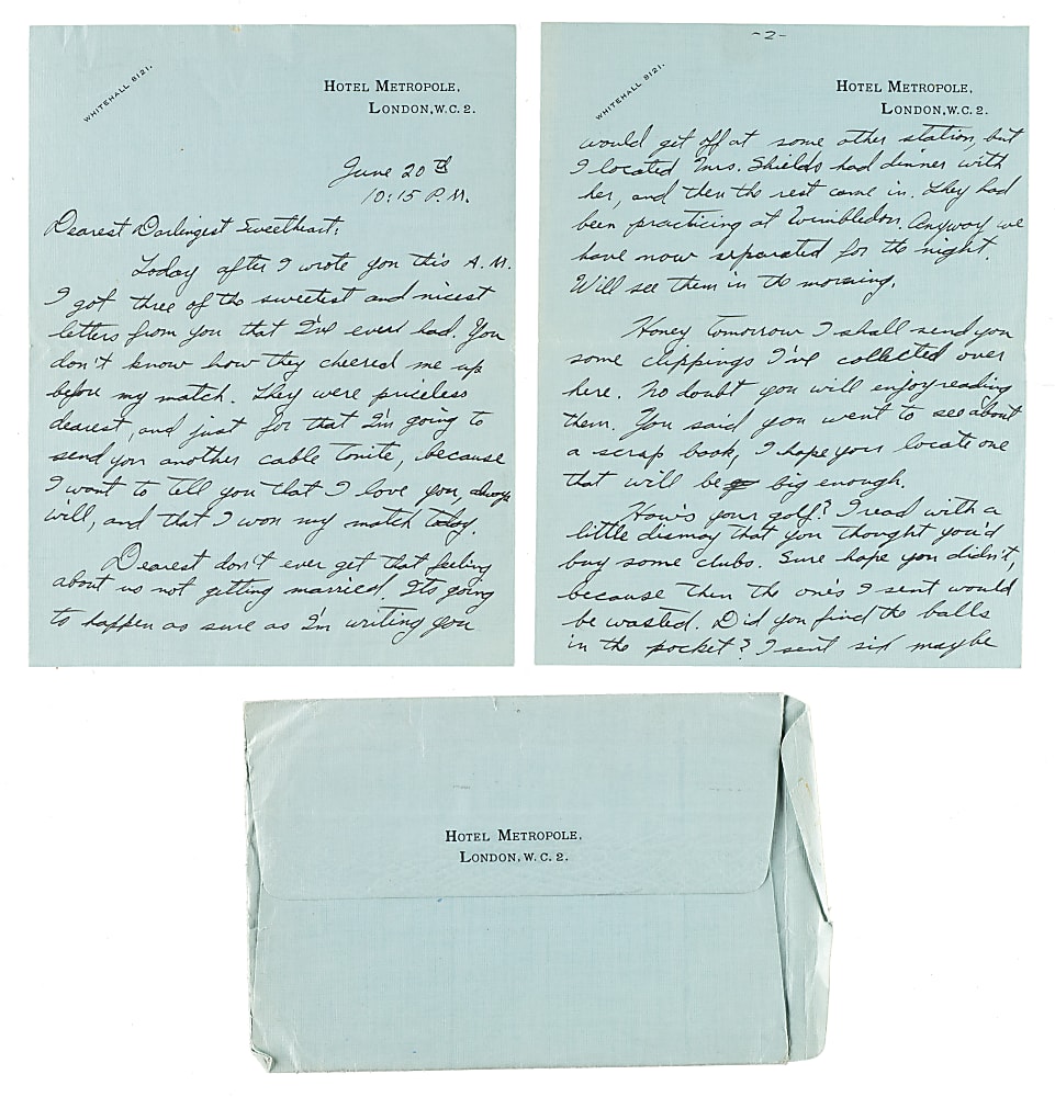 June 20, 1932 Ellsworth Vines Handwritten and Signed Letter to Girlfriend - Wimbledon Winning Year - Date of First Match!
