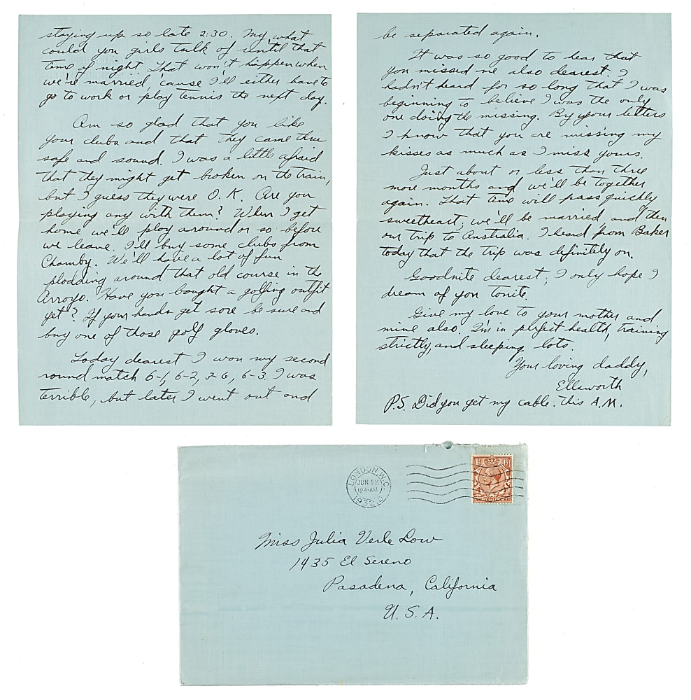 June 21, 1932 Ellsworth Vines Handwritten and Signed Letter to Girlfriend - Wimbledon Winning Year - Written During the Tournament!