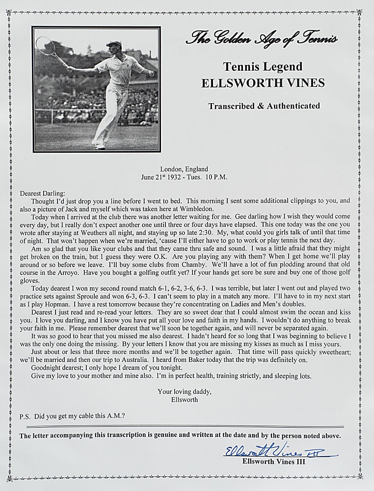 June 21, 1932 Ellsworth Vines Handwritten and Signed Letter to Girlfriend - Wimbledon Winning Year - Written During the Tournament!