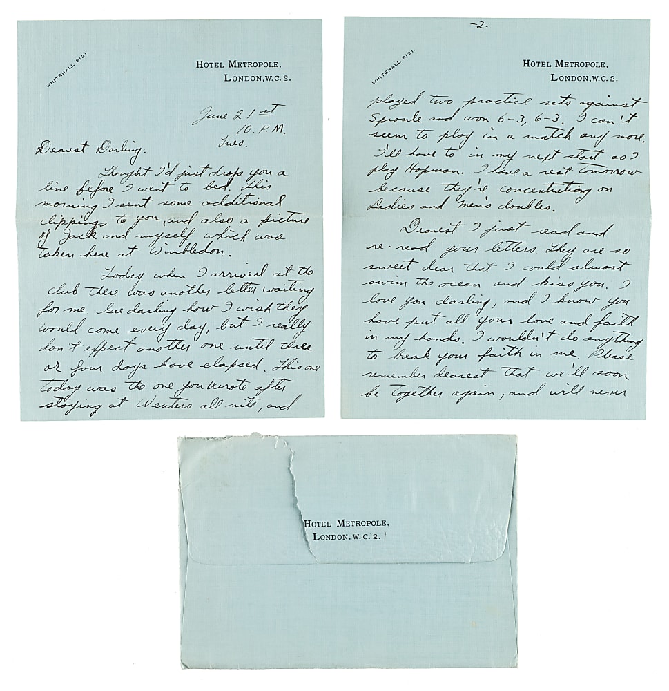 June 21, 1932 Ellsworth Vines Handwritten and Signed Letter to Girlfriend - Wimbledon Winning Year - Written During the Tournament!