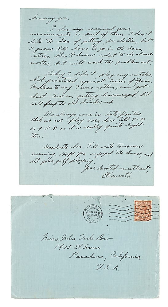 June 23, 1932 Ellsworth Vines Handwritten and Signed Letter to Girlfriend - Wimbledon Winning Year - Written During the Tournament!