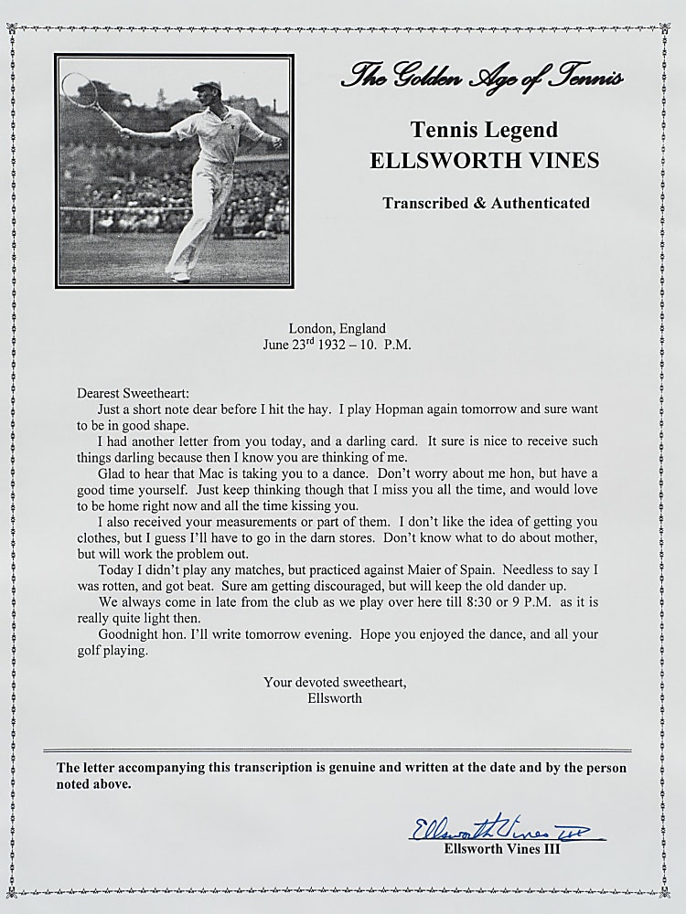 June 23, 1932 Ellsworth Vines Handwritten and Signed Letter to Girlfriend - Wimbledon Winning Year - Written During the Tournament!