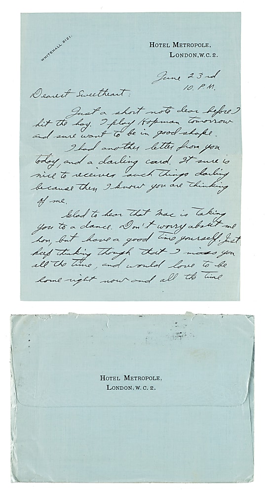 June 23, 1932 Ellsworth Vines Handwritten and Signed Letter to Girlfriend - Wimbledon Winning Year - Written During the Tournament!