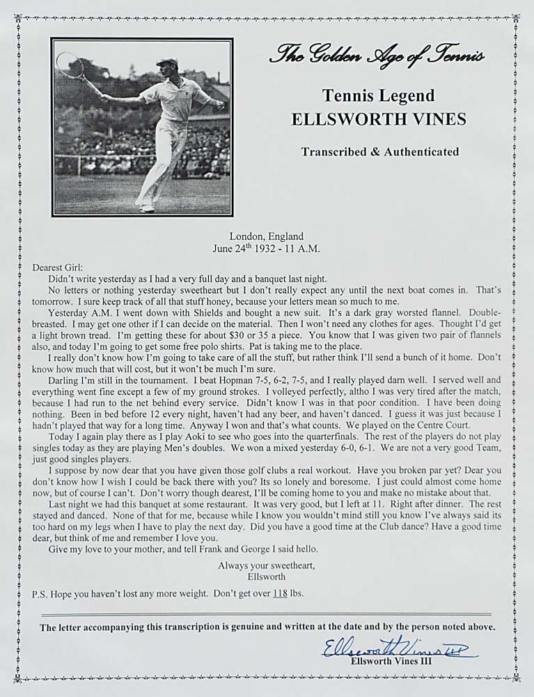 June 24, 1932 Ellsworth Vines Handwritten and Signed Letter to Girlfriend - Wimbledon Winning Year - Written During the Tournament!