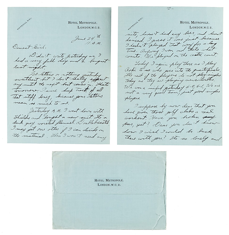 June 24, 1932 Ellsworth Vines Handwritten and Signed Letter to Girlfriend - Wimbledon Winning Year - Written During the Tournament!
