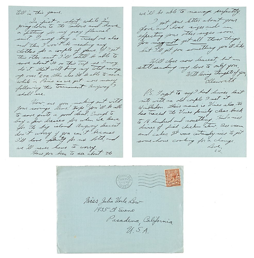 June 25, 1932 Ellsworth Vines Handwritten and Signed Letter to Girlfriend - Wimbledon Winning Year - Written During the Tournament!