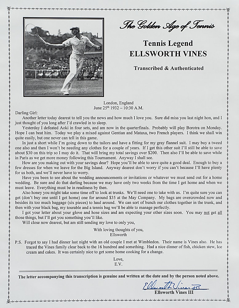 June 25, 1932 Ellsworth Vines Handwritten and Signed Letter to Girlfriend - Wimbledon Winning Year - Written During the Tournament!