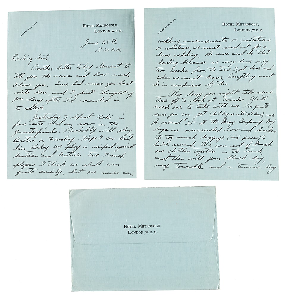 June 25, 1932 Ellsworth Vines Handwritten and Signed Letter to Girlfriend - Wimbledon Winning Year - Written During the Tournament!