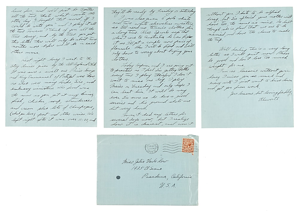 June 26, 1932 Ellsworth Vines Handwritten and Signed Letter to Girlfriend - Wimbledon Winning Year - Written During the Tournament!