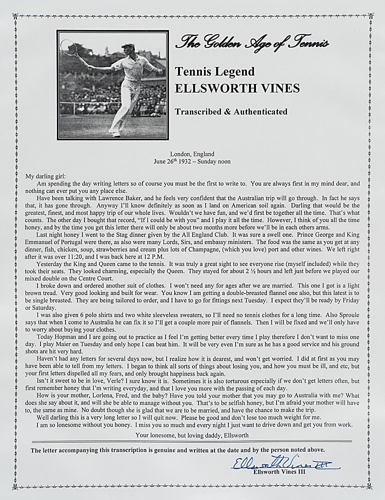 June 26, 1932 Ellsworth Vines Handwritten and Signed Letter to Girlfriend - Wimbledon Winning Year - Written During the Tournament!