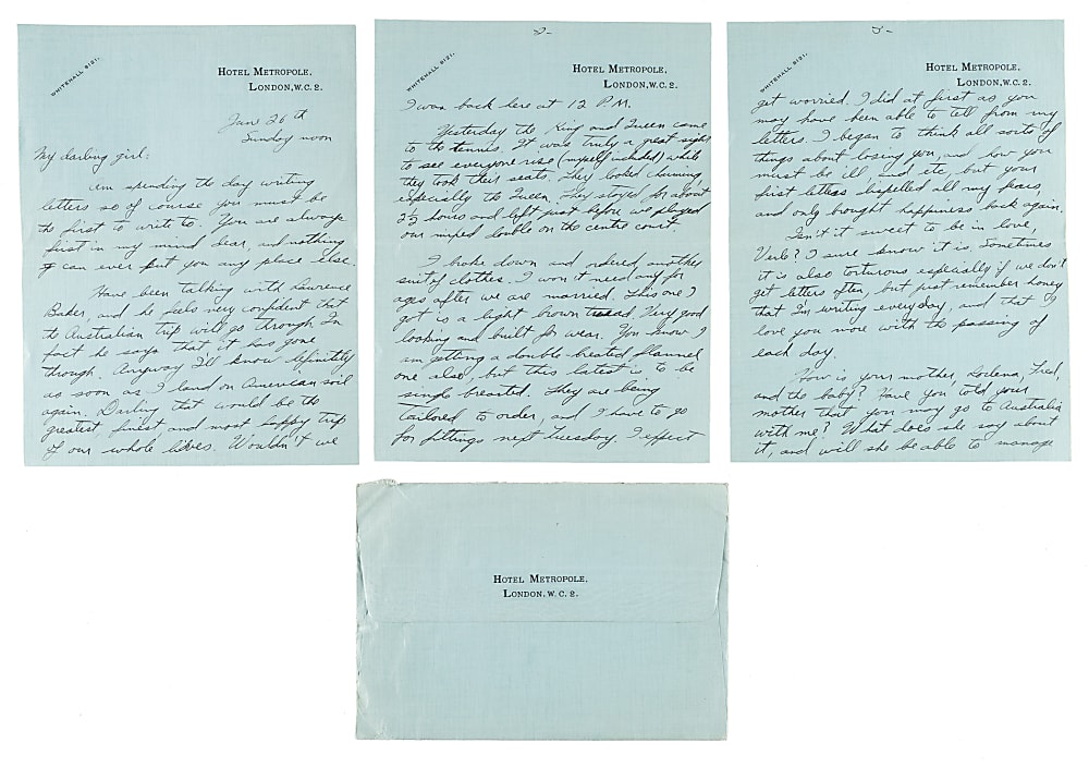 June 26, 1932 Ellsworth Vines Handwritten and Signed Letter to Girlfriend - Wimbledon Winning Year - Written During the Tournament!