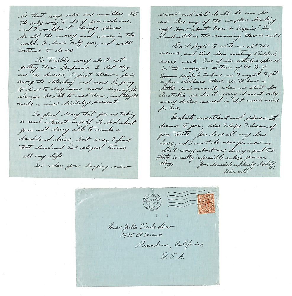 June 30, 1932 Ellsworth Vines Handwritten and Signed Letter to Girlfriend - Wimbledon Winning Year - Written During the Tournament!
