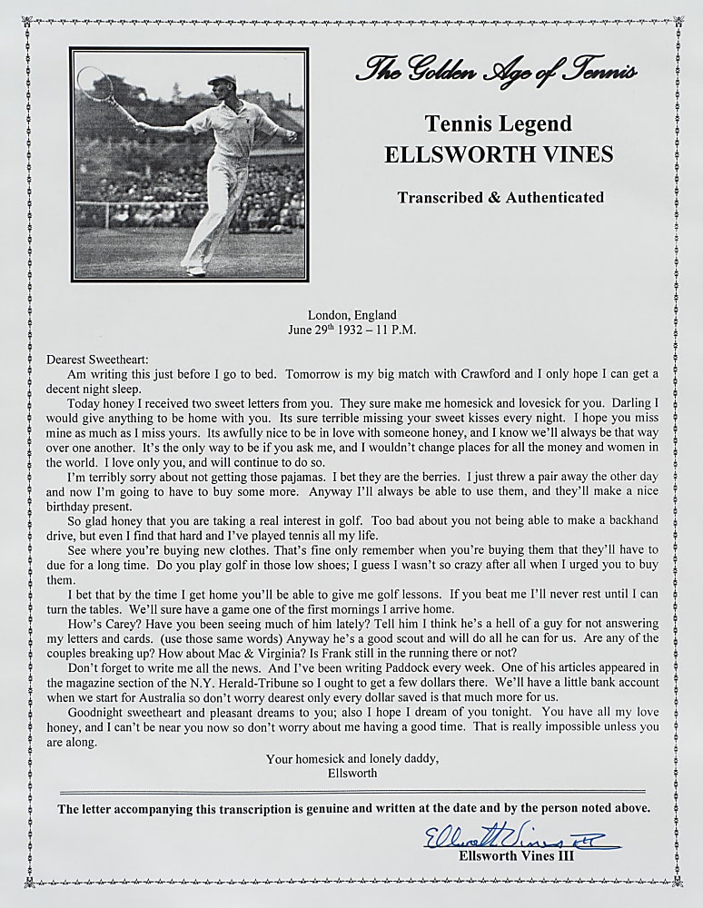 June 30, 1932 Ellsworth Vines Handwritten and Signed Letter to Girlfriend - Wimbledon Winning Year - Written During the Tournament!
