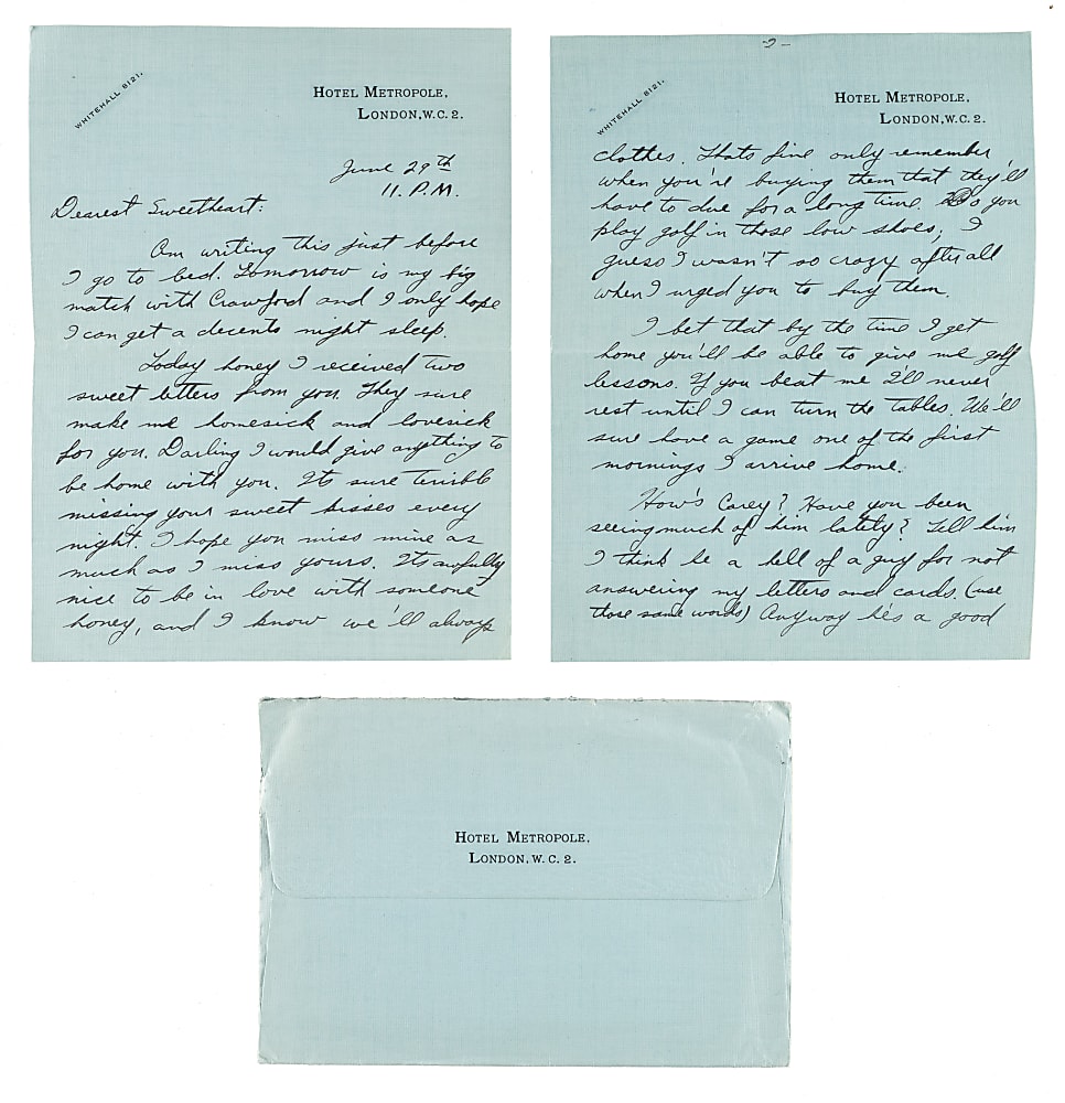 June 30, 1932 Ellsworth Vines Handwritten and Signed Letter to Girlfriend - Wimbledon Winning Year - Written During the Tournament!