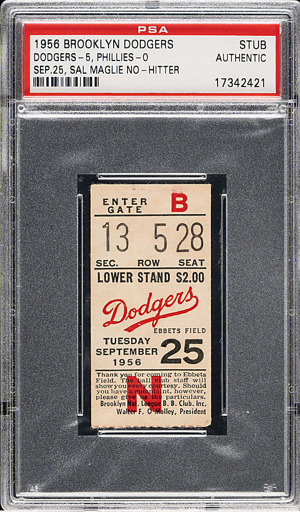 September 25, 1956 Brooklyn Dodgers (vs. Philadelphia Phillies) Ticket Stub PSA Authentic - Sal Maglie No-Hitter and Jackie Robinson Last Career Double