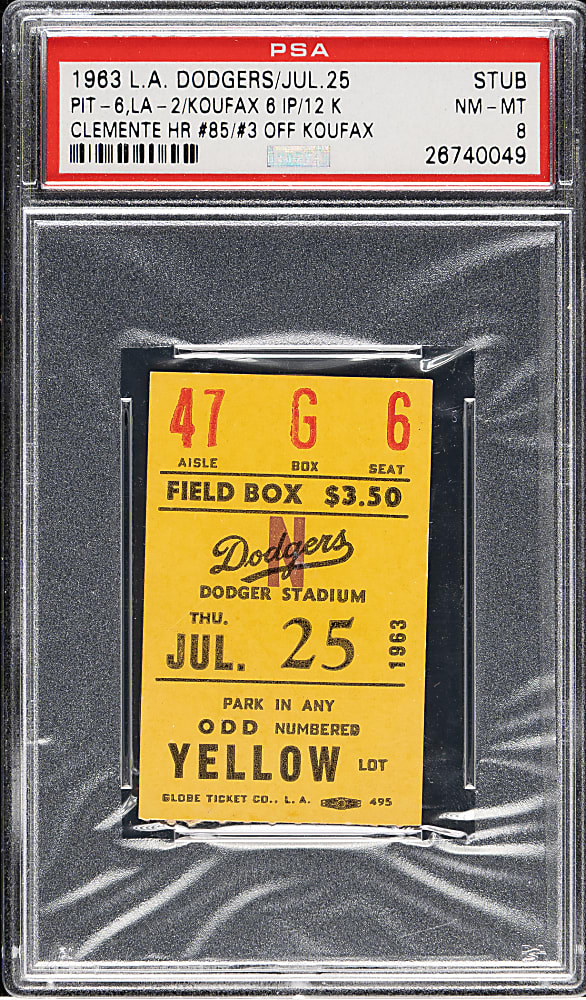 July 25, 1963 Los Angeles Dodgers (vs. Pittsburgh Pirates) Ticket Stub PSA NM-MT 8 - Roberto Clemente Home Run #85 and Sandy Koufax 12 Strikeouts - 1 of 2 - Highest Graded!