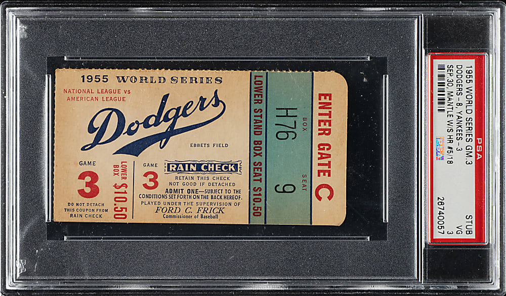1955 Brooklyn Dodgers (vs. New York Yankees) World Series Game 3 Ticket Stub PSA VG 3 - Mickey Mantle Home Run