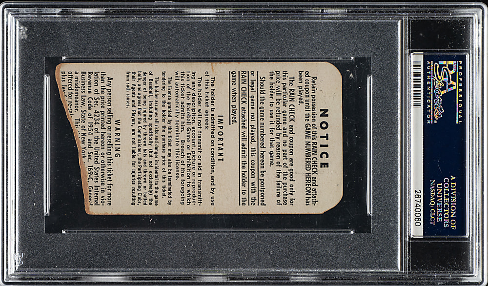 October 4, 1955 New York Yankees (vs. Los Angeles Dodgers) World Series Game 7 Ticket Stub PSA VG 3 - Dodgers First Championship