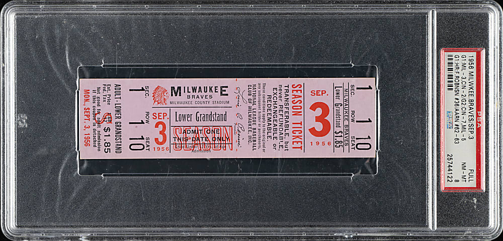 September 3, 1956 Milwaukee Braves (vs. Cincinnati Redlegs) Full Ticket PSA NM-MT 8 - Frank Robinson Home Run and Hank Aaron Three Home Runs - 1 of 1 - Highest Graded!