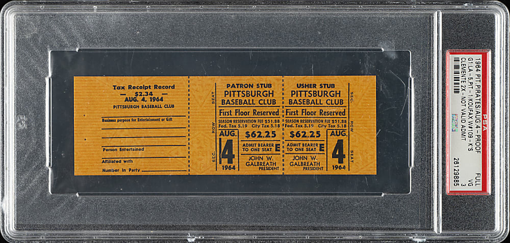 August 4, 1964 Pittsburgh Pirates (vs. Los Angeles Dodgers) Full Proof Ticket PSA VG 3 - Sandy Koufax Win #109