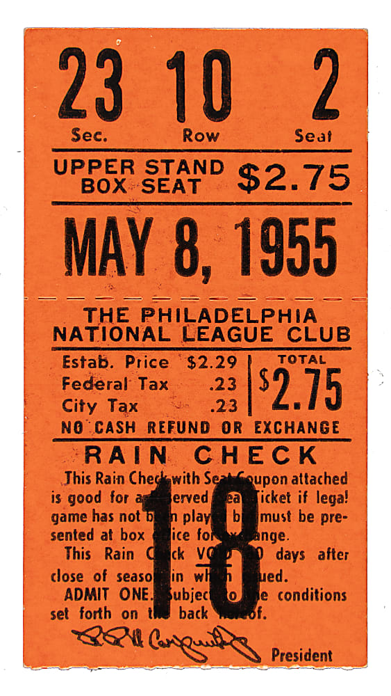 May 8, 1955 Philadelphia Phillies (vs. Brooklyn Dodgers) Ticket Stub - Gil Hodges and Duke Snider Home Runs