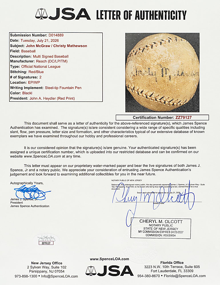 1922 Christy Mathewson and John McGraw Dual-Signed Baseball - JSA