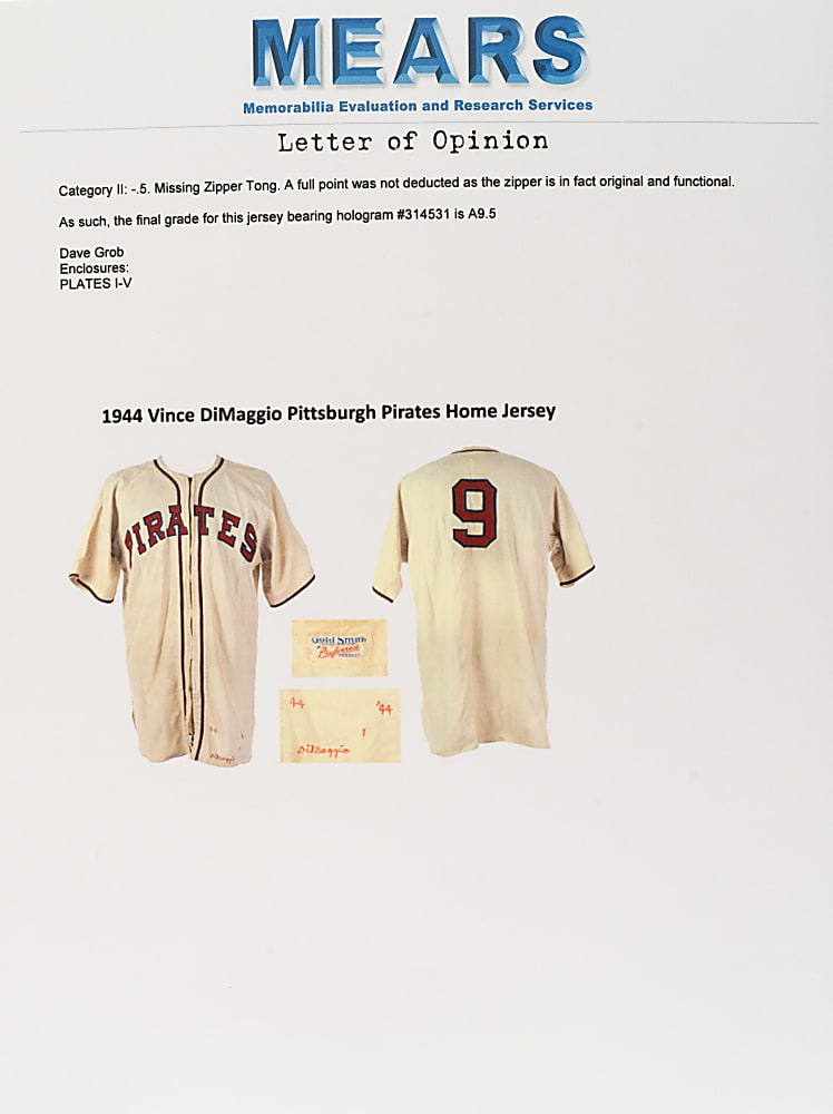 1944 Vince DiMaggio Pittsburgh Pirates Game-Used Home Uniform MEARS A9.5