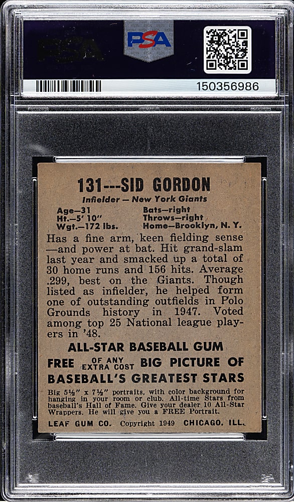 1948-1949 Leaf #131 Sid Gordon Short Print PSA EX 5