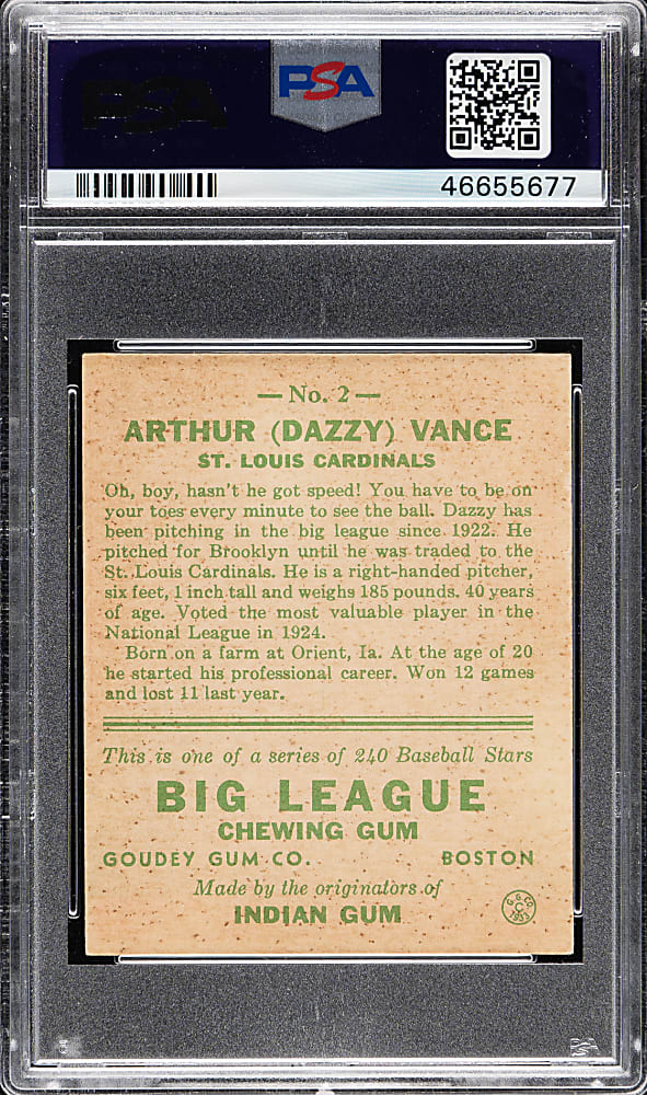 1933 R319 Goudey #2 Dazzy Vance PSA EX 5