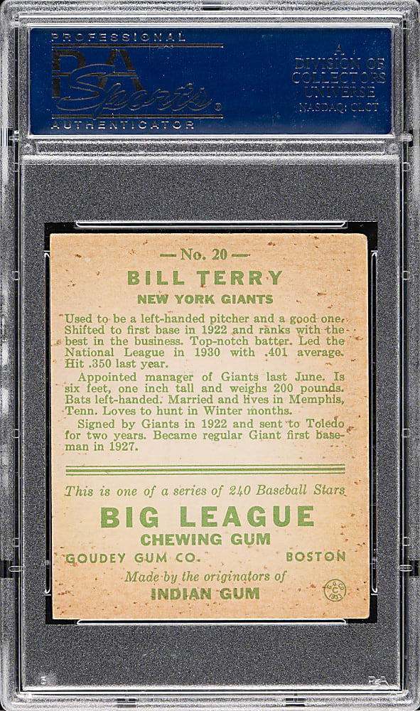 1933 R319 Goudey #20 Bill Terry PSA EX 5