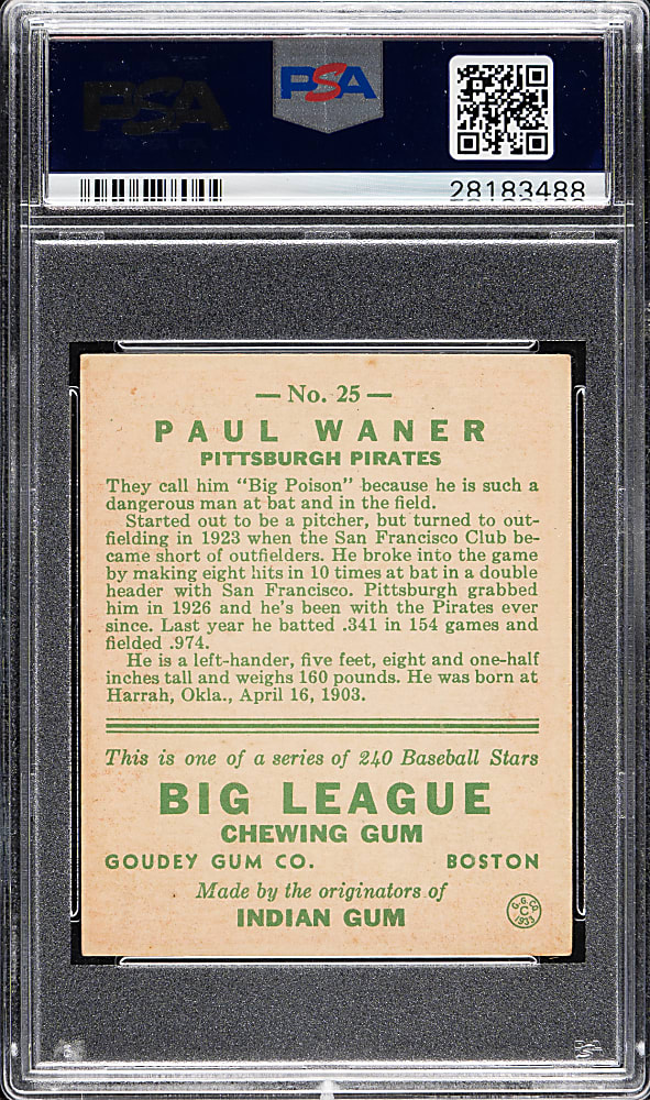 1933 R319 Goudey #25 Paul Waner PSA EX 5