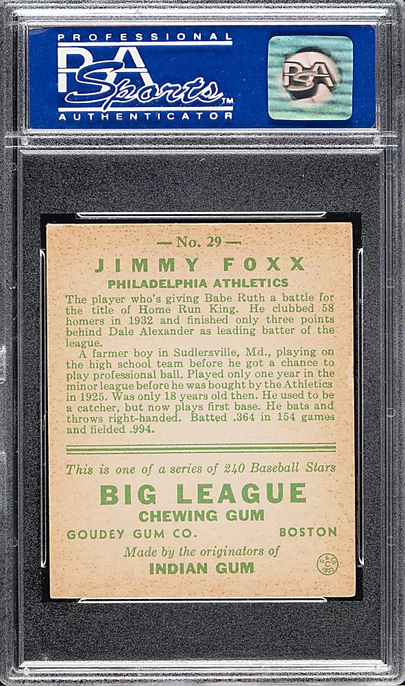 1933 R319 Goudey #29 Jimmie Foxx PSA EX-MT 6