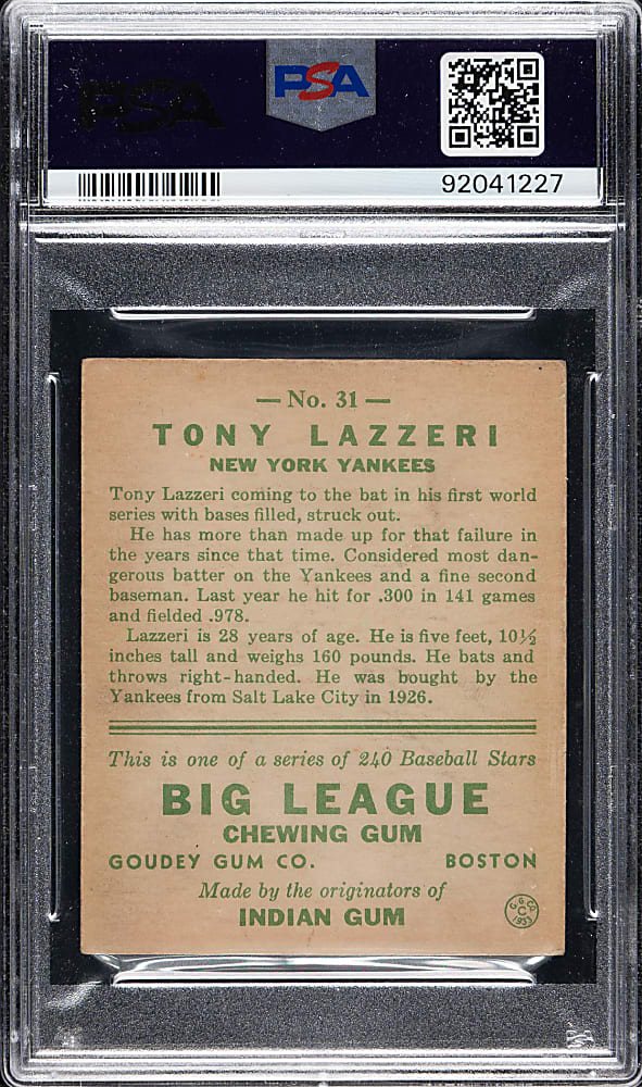 1933 R319 Goudey #31 Tony Lazzeri PSA VG-EX 4