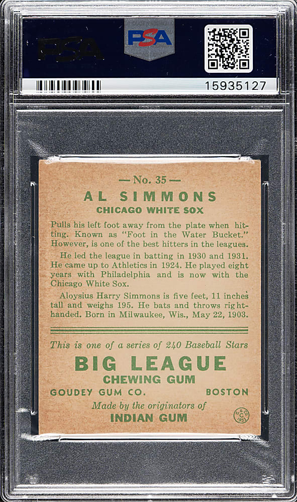 1933 R319 Goudey #35 Al Simmons PSA EX+ 5.5