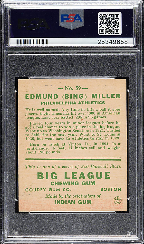 1933 R319 Goudey #59 Bing Miller PSA NM 7