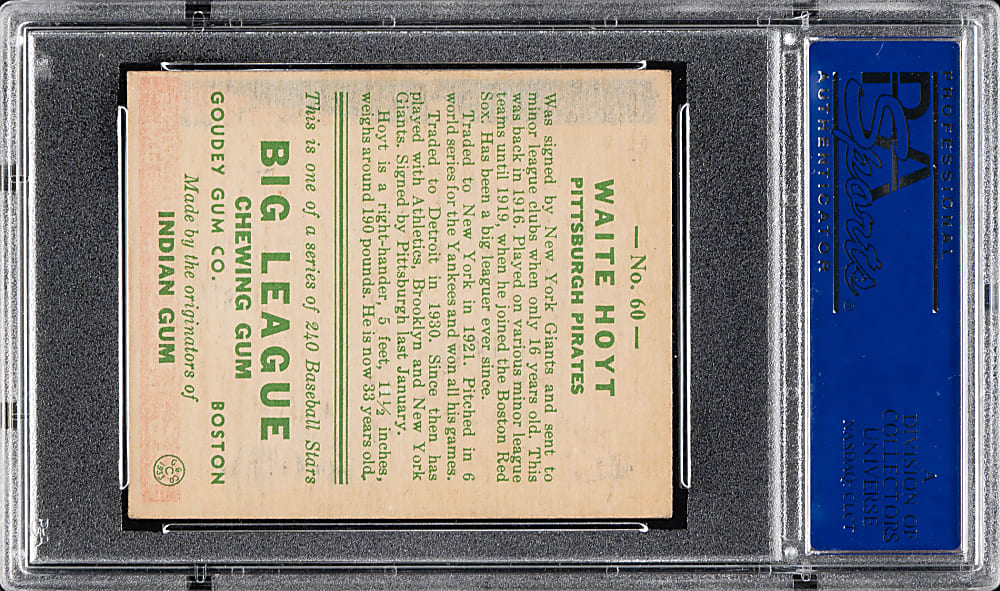 1933 R319 Goudey #60 Waite Hoyt PSA EX-MT 6