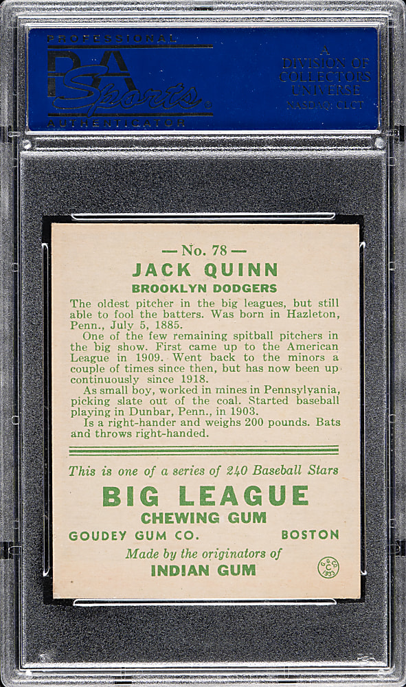 1933 R319 Goudey #78 Jack Quinn PSA NM 7