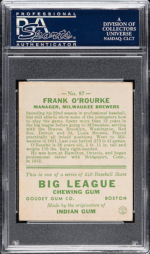 1933 R319 Goudey #87 Frank O'Rourke PSA NM 7