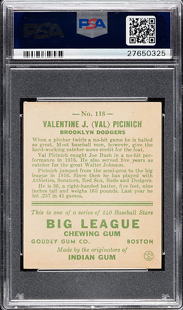 1933 R319 Goudey #118 Val Picinich PSA NM 7