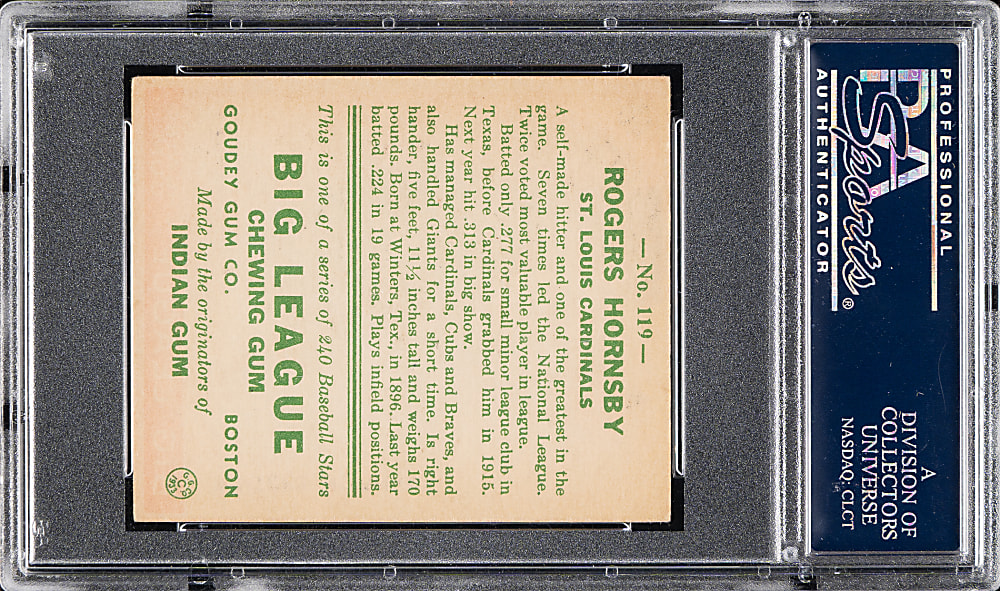 1933 R319 Goudey #119 Rogers Hornsby PSA EX-MT 6
