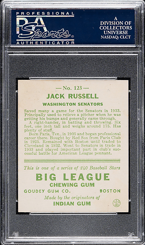 1933 R319 Goudey #123 Jack Russell PSA NM 7