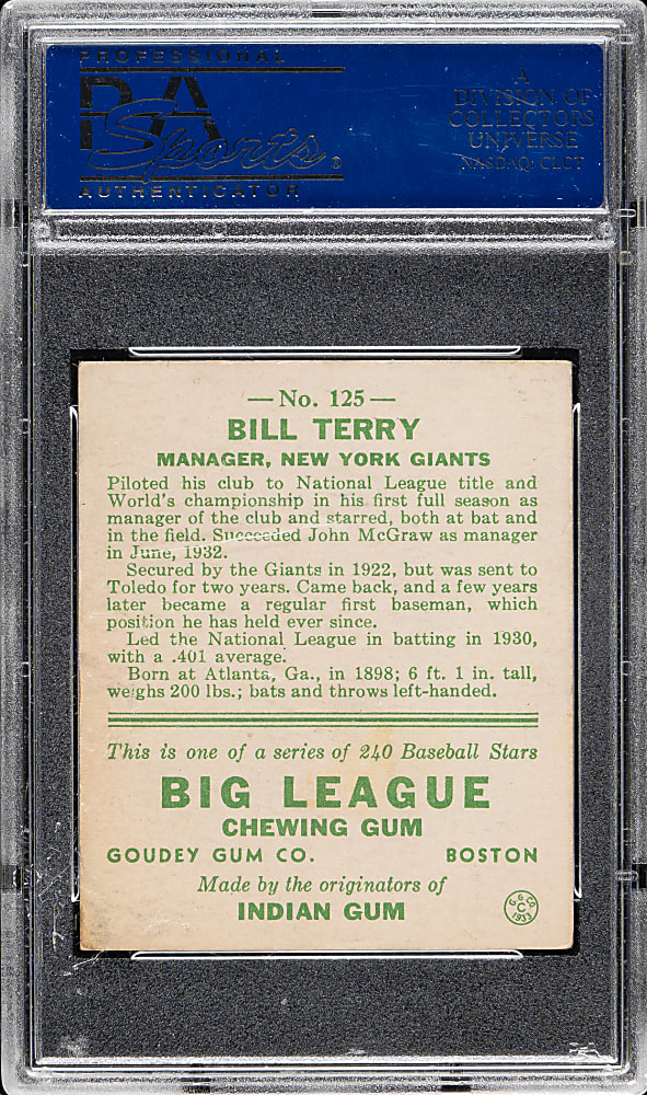 1933 R319 Goudey #125 Bill Terry PSA EX-MT 6