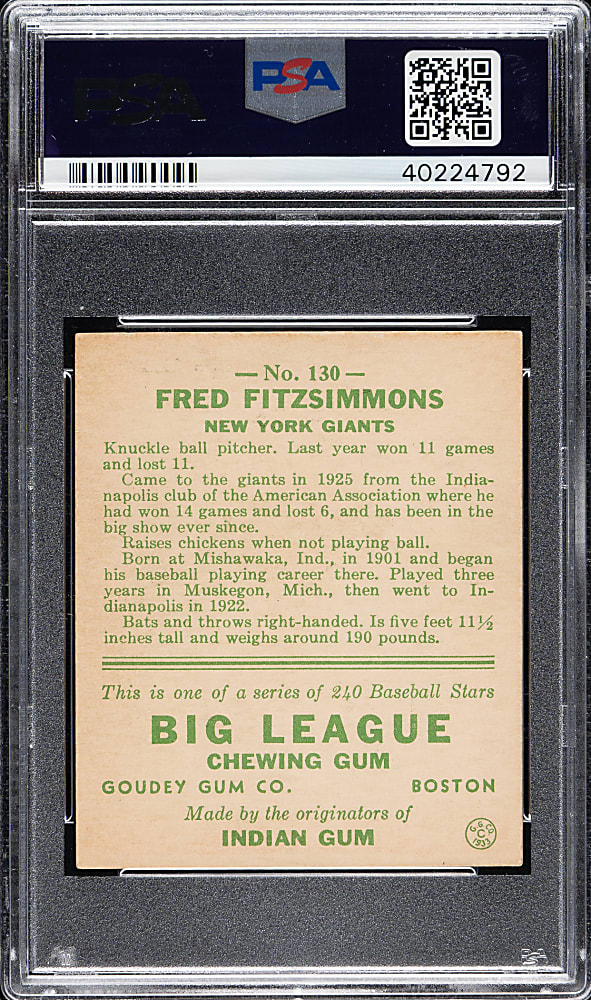 1933 R319 Goudey #130 Fred Fitzsimmons PSA NM 7