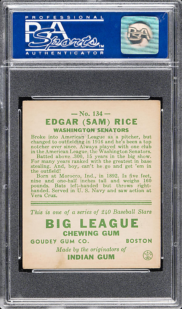 1933 R319 Goudey #134 Sam Rice PSA NM 7