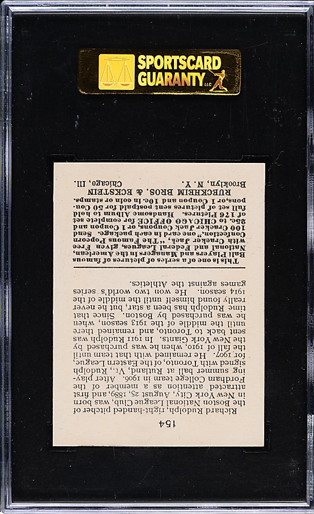 1915 E145 Cracker Jack #154 Richard Rudolph SGC NM/MT+ 92