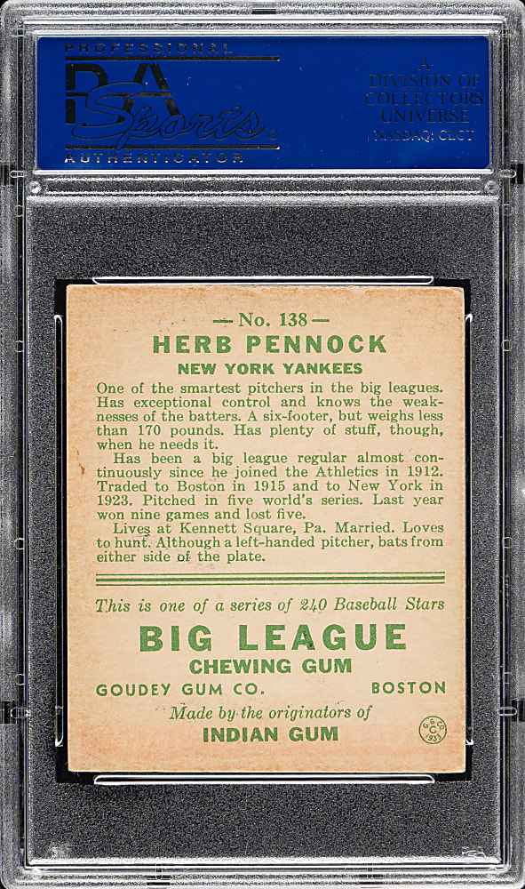 1933 R319 Goudey #138 Herb Pennock PSA EX 5