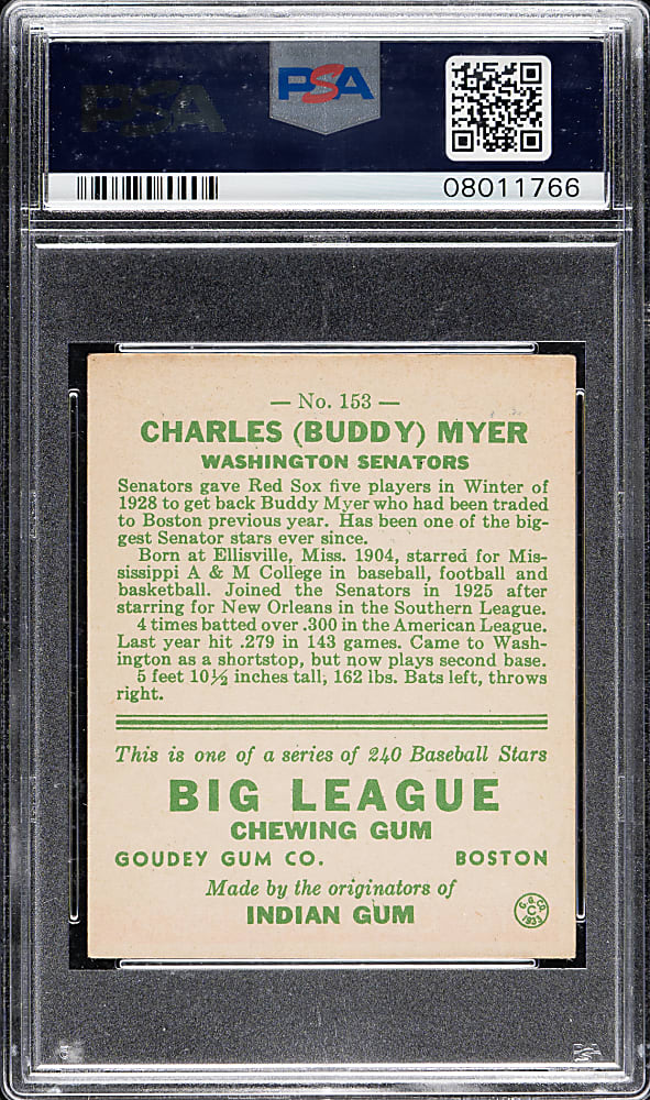 1933 R319 Goudey #153 Buddy Myer PSA NM 7