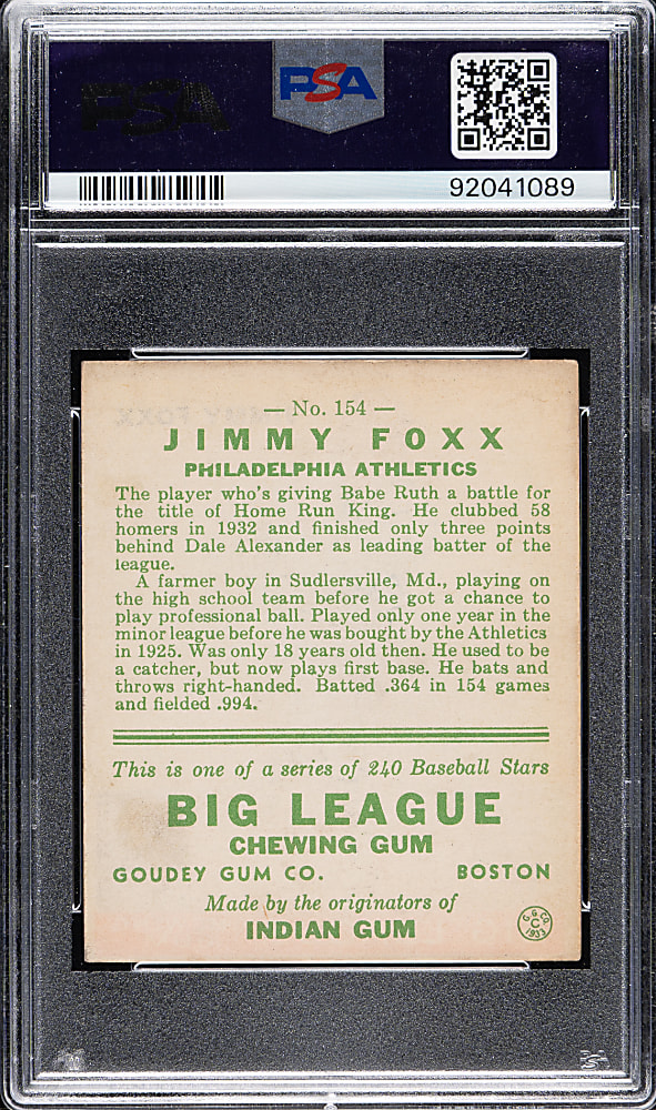 1933 R319 Goudey #154 Jimmie Foxx PSA EX+ 5.5